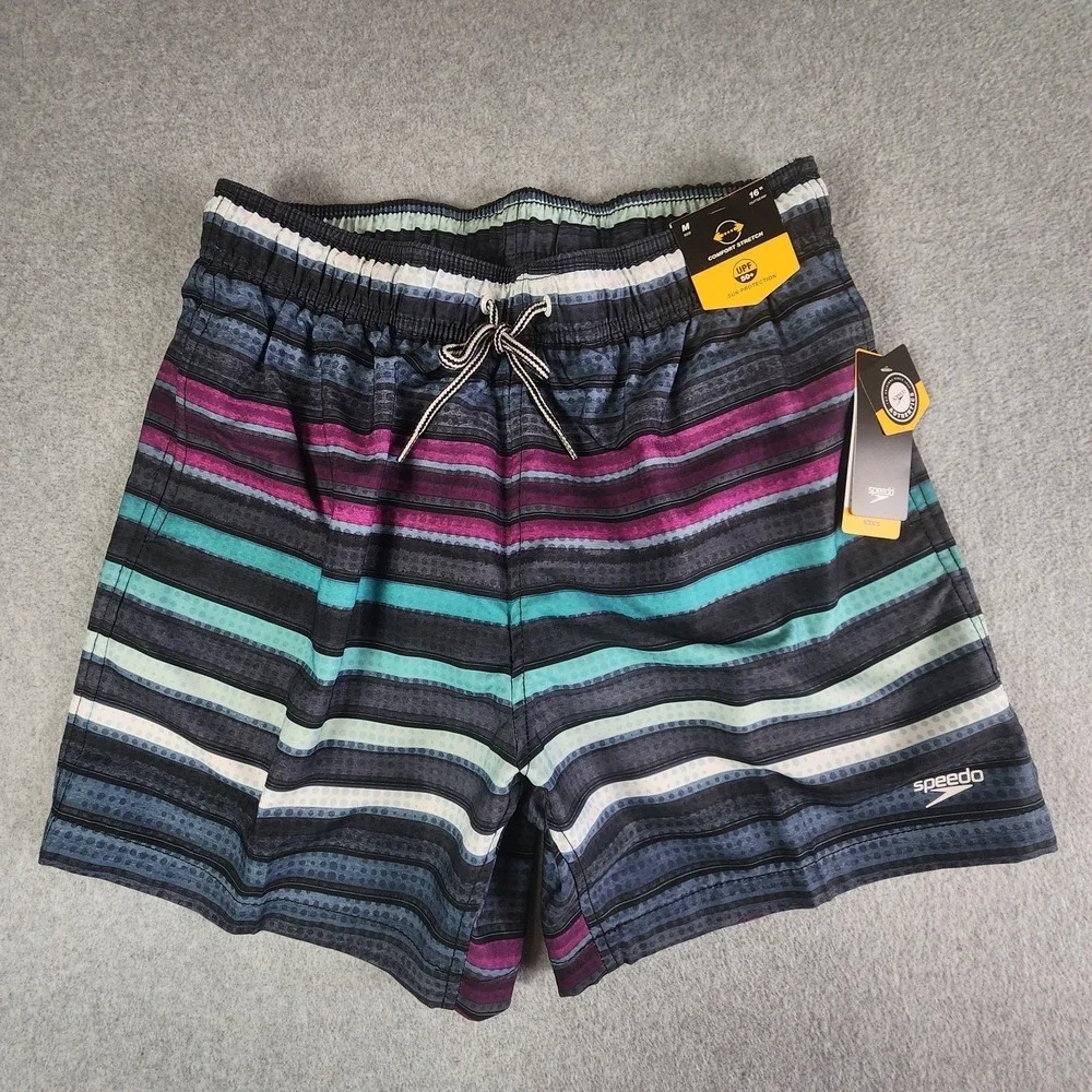 Speedo Comfort Stripe UPF 50+ Swim Trunks Mens Size M 30x5 Multicolor Pockets